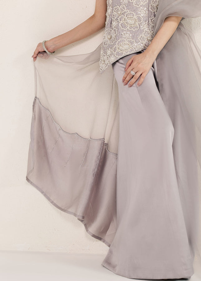 Fabric detail of the Eraya Serene Moonstone grey lilac organza dupatta and silk pants