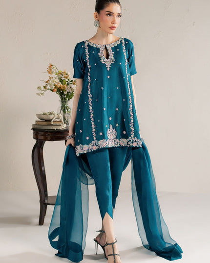 Eraya Serene Opaline teal outfit shown full length with silk-bordered organza dupatta
