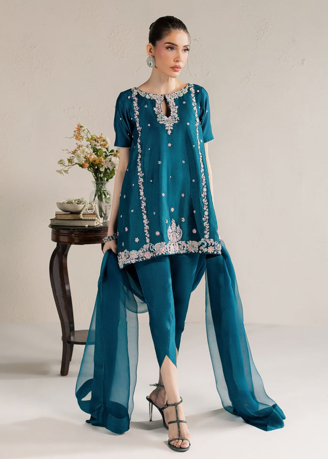 Eraya Serene Opaline teal outfit shown full length with silk-bordered organza dupatta