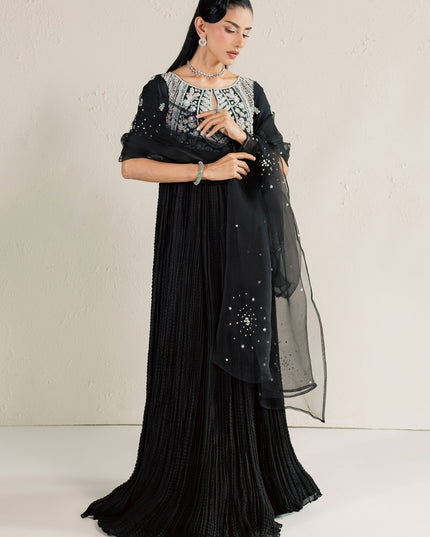 Eraya Serene Raven black crushed silk peshwas with pearl-sprayed organza dupatta, front view