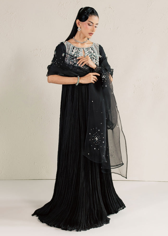 Eraya Serene Raven black crushed silk peshwas with pearl-sprayed organza dupatta, front view