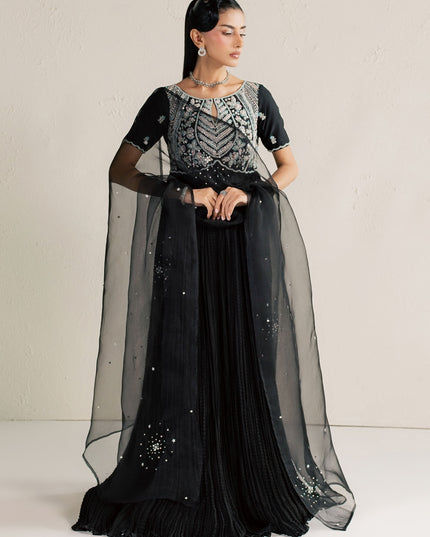 Eraya Serene Raven black peshwas styled with organza dupatta draped across the front