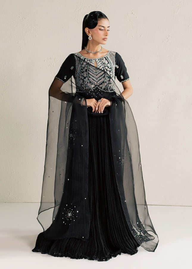 Eraya Serene Raven black peshwas styled with organza dupatta draped across the front