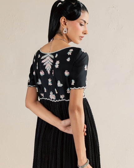 Back view of the Eraya Serene Raven black peshwas showing embellished yoke and sleeve detail