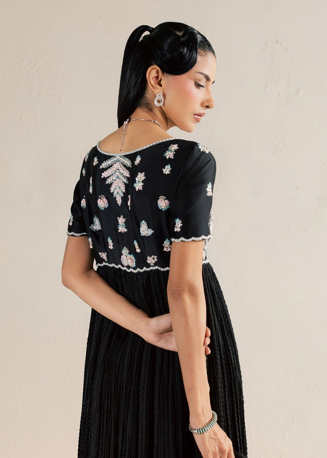 Back view of the Eraya Serene Raven black peshwas showing embellished yoke and sleeve detail