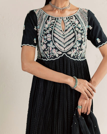Close view of the Eraya Serene Raven embellished yoke with pearls, sequins and dabka work