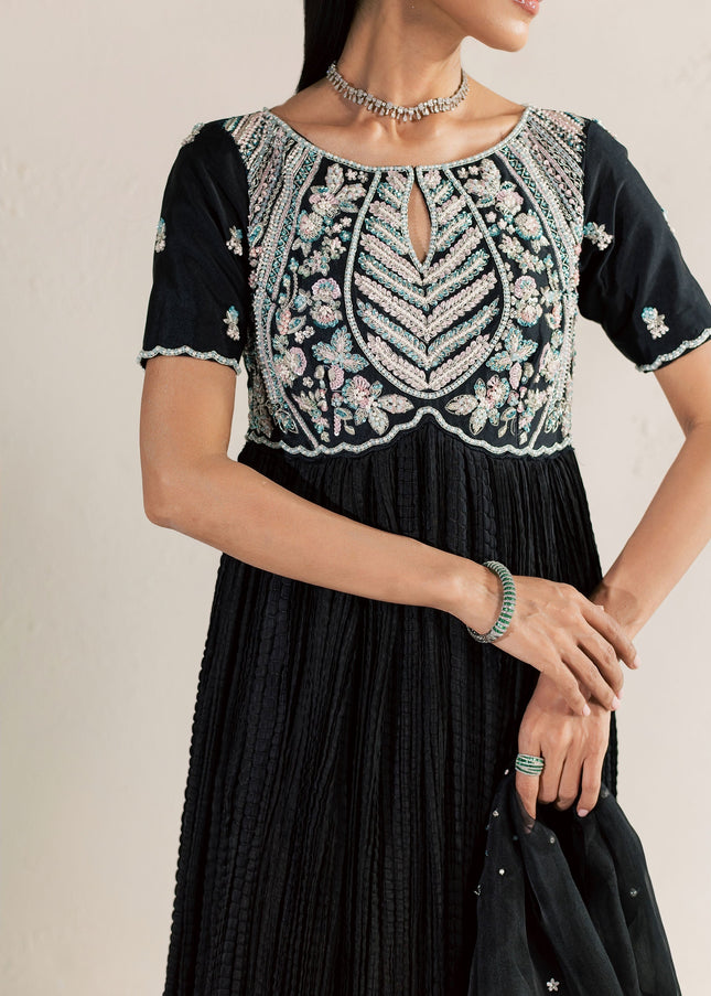 Close view of the Eraya Serene Raven embellished yoke with pearls, sequins and dabka work