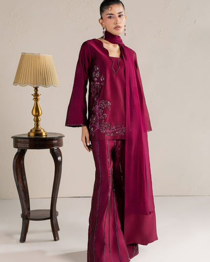 Model wearing Eraya Serene Ruby wine shirt with embellished silk pants and matching silk dupatta