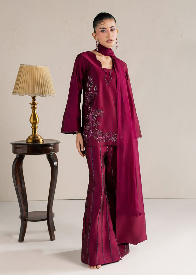 Model wearing Eraya Serene Ruby wine shirt with embellished silk pants and matching silk dupatta