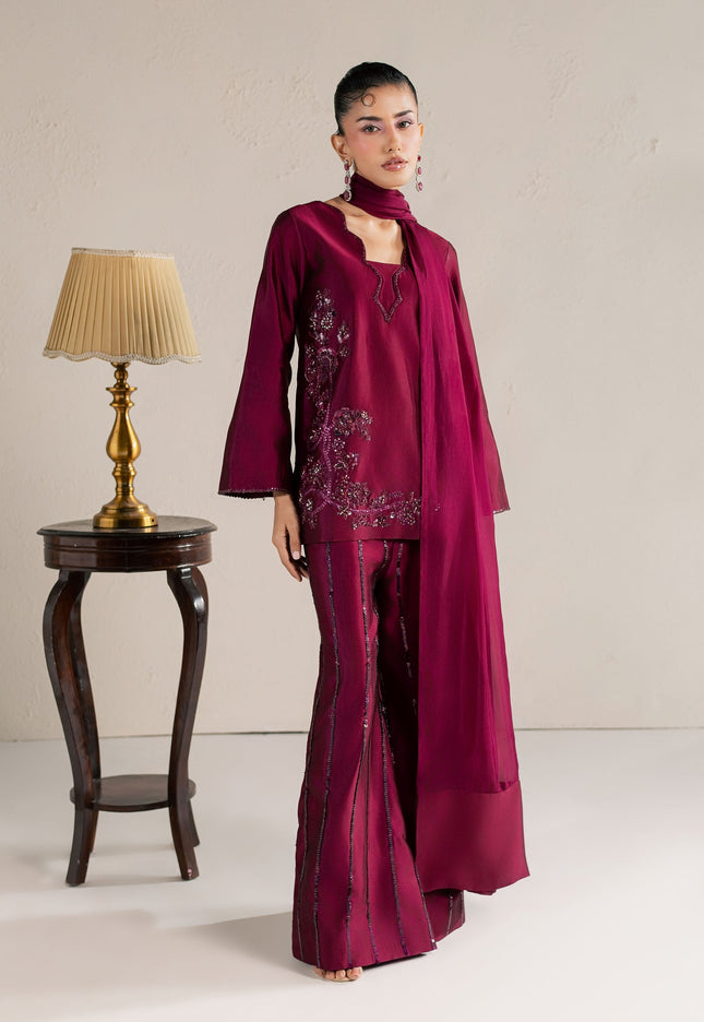 Model wearing Eraya Serene Ruby wine shirt with embellished silk pants and matching silk dupatta