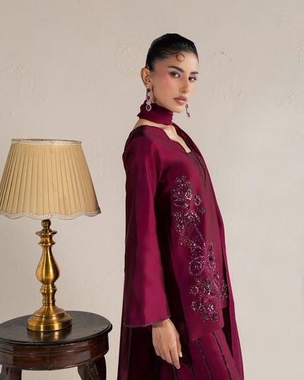 Eraya Serene Ruby wine three-piece outfit with scalloped V neckline and sequin-embellished pants