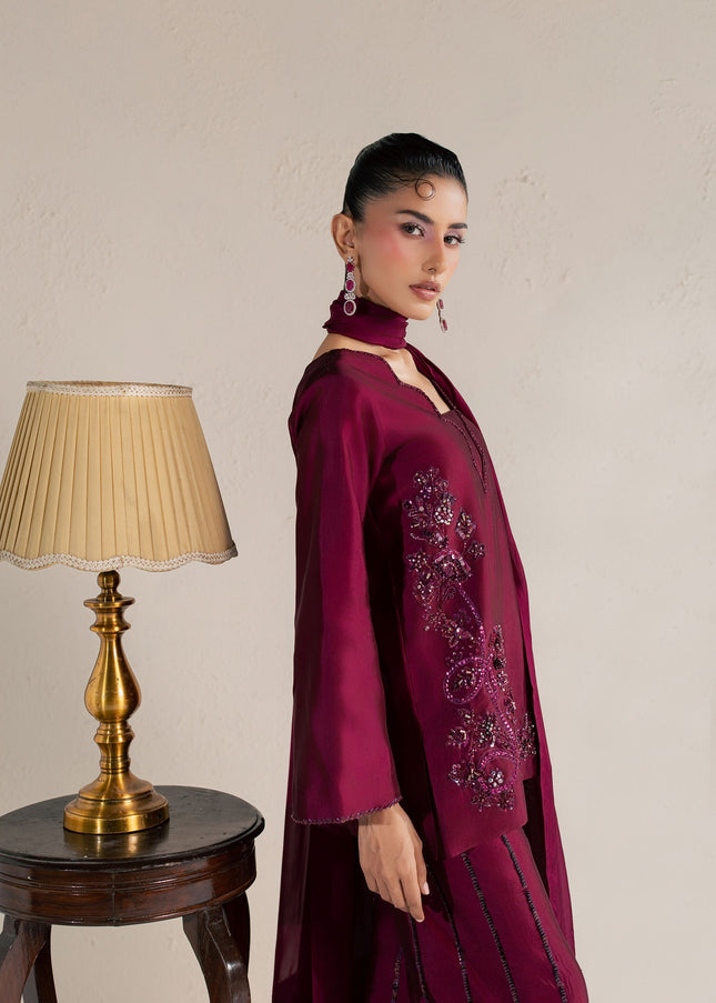 Eraya Serene Ruby wine three-piece outfit with scalloped V neckline and sequin-embellished pants