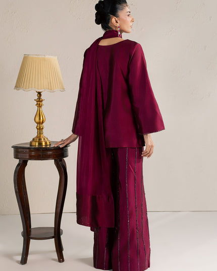 Back view of Eraya Serene Ruby wine shirt with silk dupatta and flared embellished pants