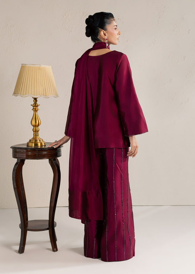 Back view of Eraya Serene Ruby wine shirt with silk dupatta and flared embellished pants