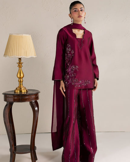 Eraya Serene Ruby wine shirt and silk pants styled with a draped matching dupatta