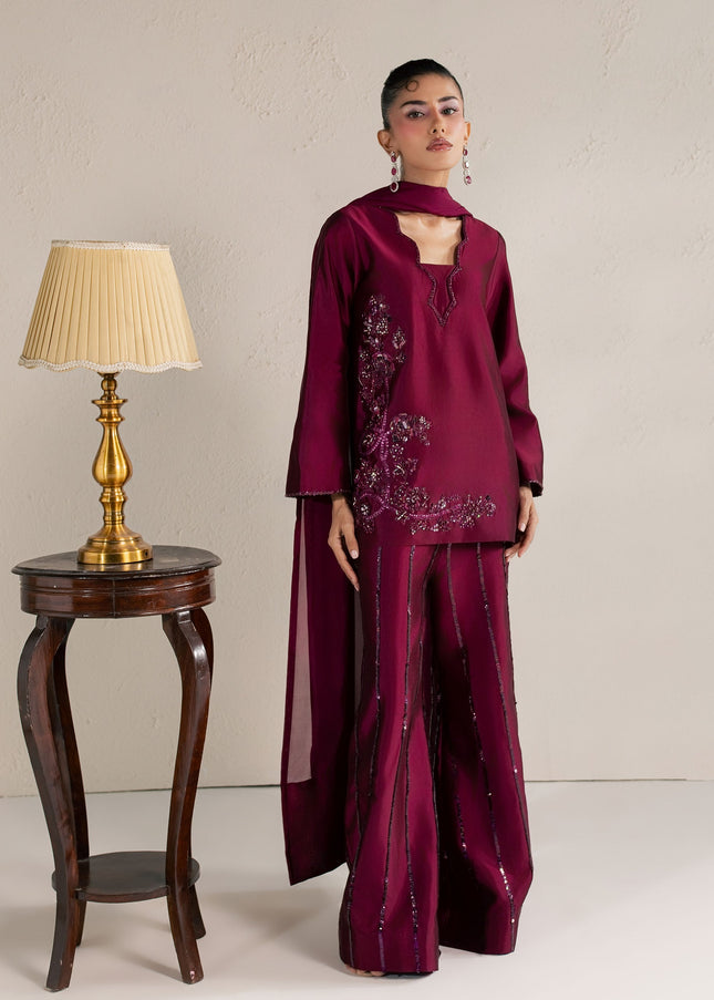 Eraya Serene Ruby wine shirt and silk pants styled with a draped matching dupatta