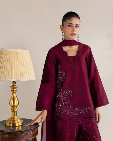 Eraya Serene Ruby wine shirt showing the embellished floral motif on the front