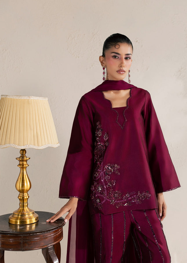 Eraya Serene Ruby wine shirt showing the embellished floral motif on the front