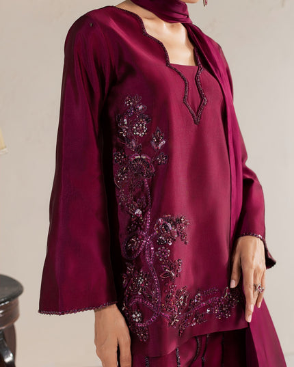 Close view of the Eraya Serene Ruby wine shirt embellishment with crystals and sequins