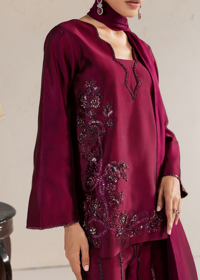 Close view of the Eraya Serene Ruby wine shirt embellishment with crystals and sequins