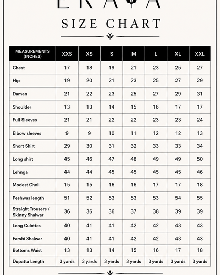 Eraya size chart in inches for the Seréne collection, sizes XXS to XXL